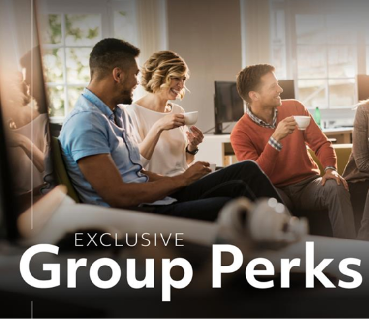 three people laughing while drinking coffee. There is a text overlay that reads, "Exclusive Group Perks."